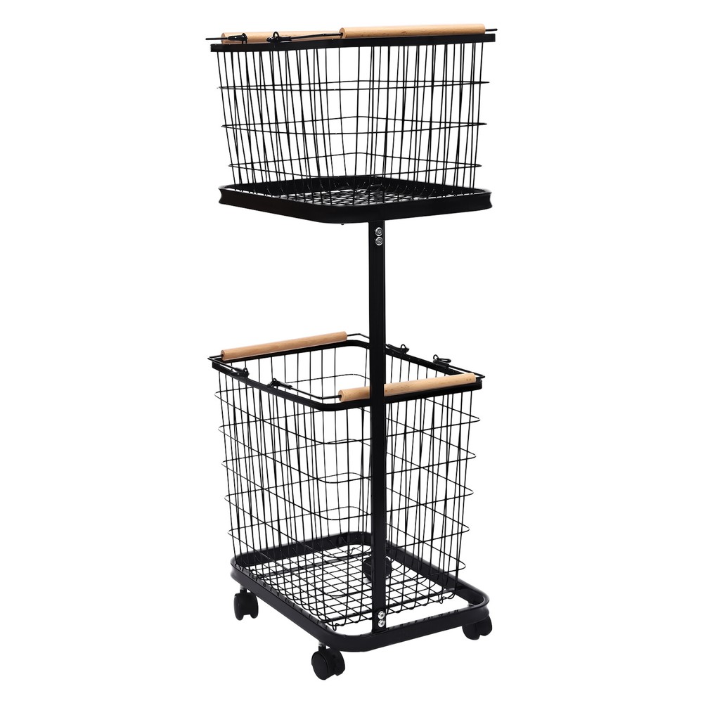 2 Tier Black Laundry Basket Metal Rectangular Laundry Basket With Wheels