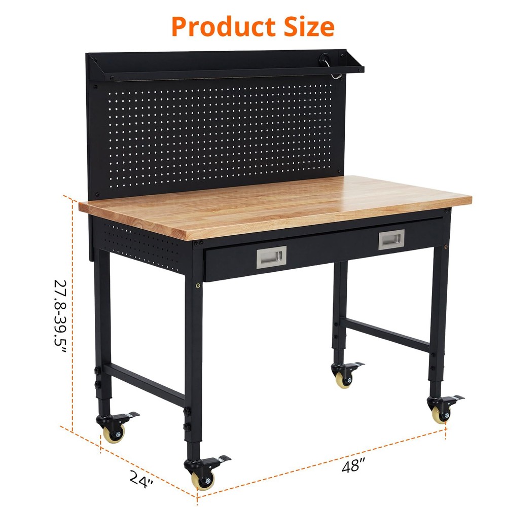 48" Workbench Heavy Duty Adjustable Height Workstation with Drawer Storage