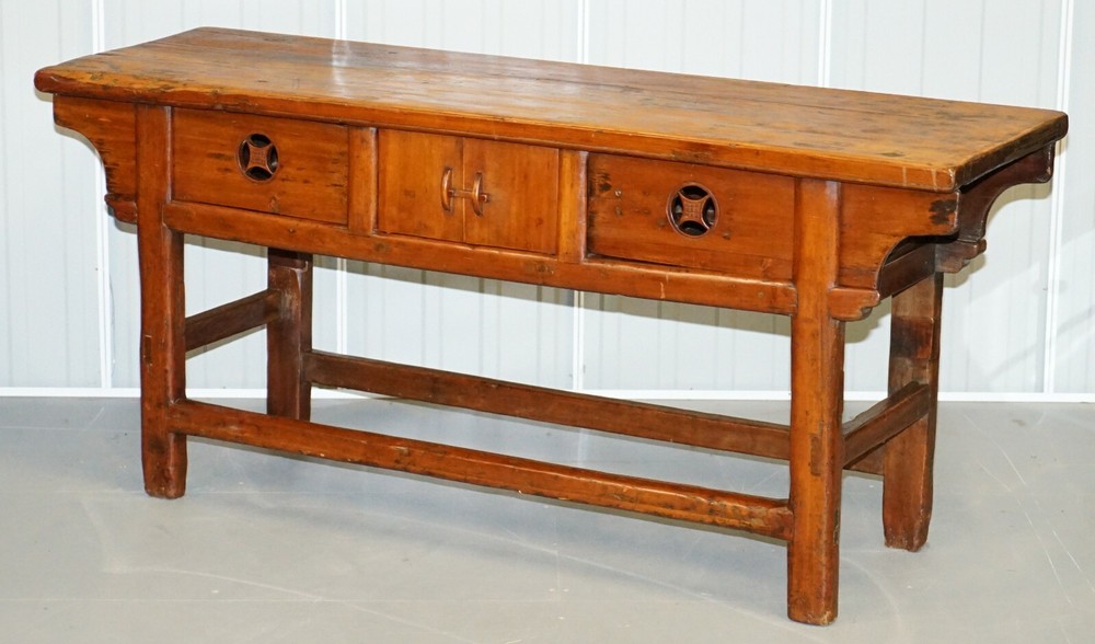 ANTIQUE CHINESE TEMPLE ALTER SIDEBOARD WITH CUPBOARDS IN SOLID TEAK REDDISH