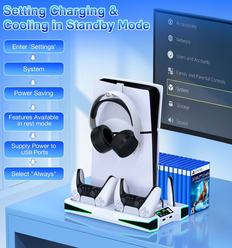 PS5 Stand Cooling Station for PS5/PS5 Slim Console With PS5 Controller Charger