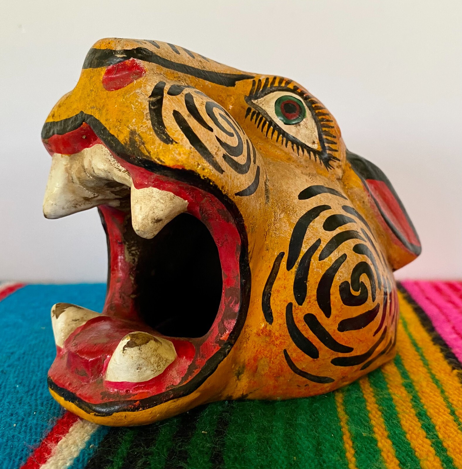 Mexican Folk Art Carved Wood Jaguar Leopard Cat Head Lion Face Mask Guerrero 5"