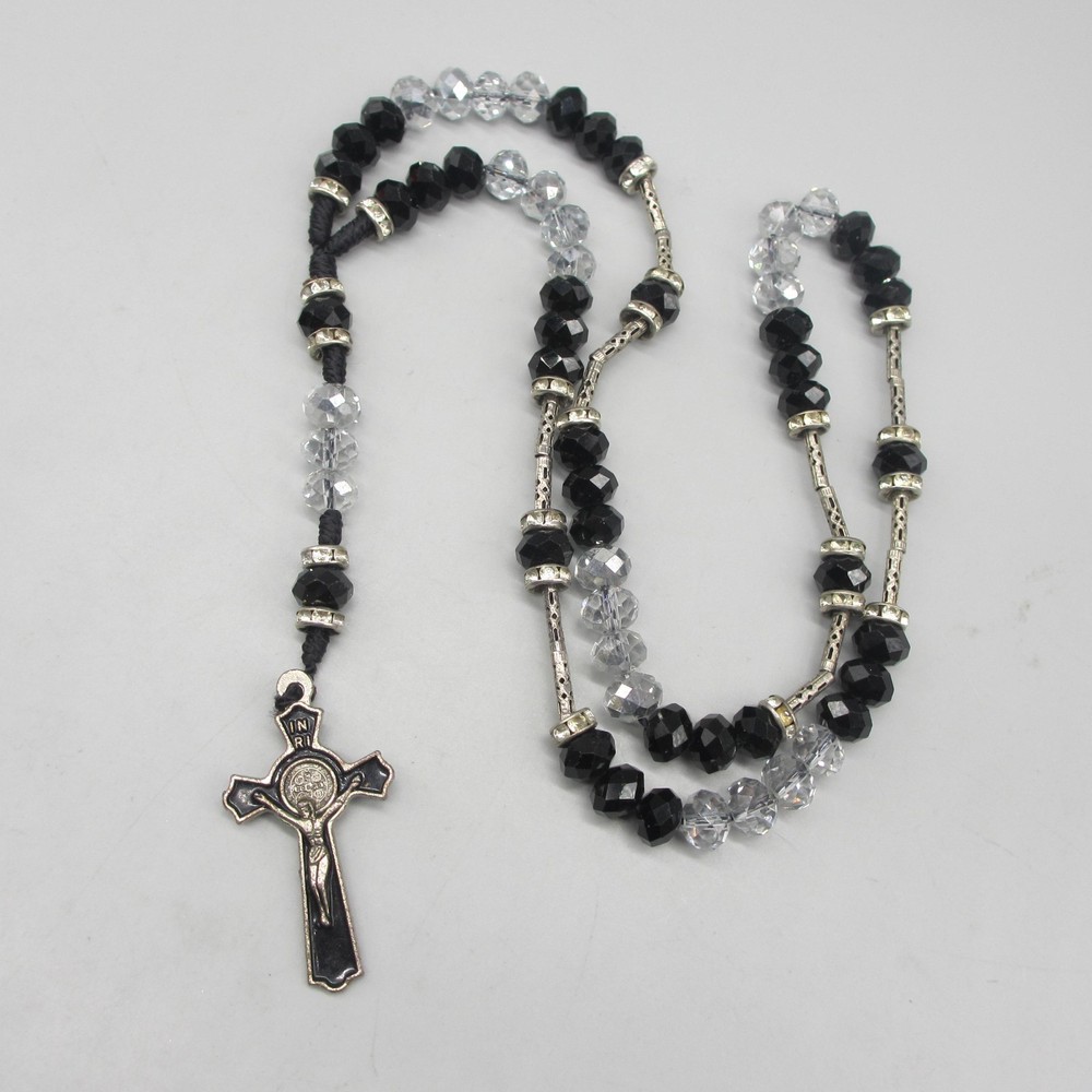Vintage Rosary Glass Black Clear Silver Tone