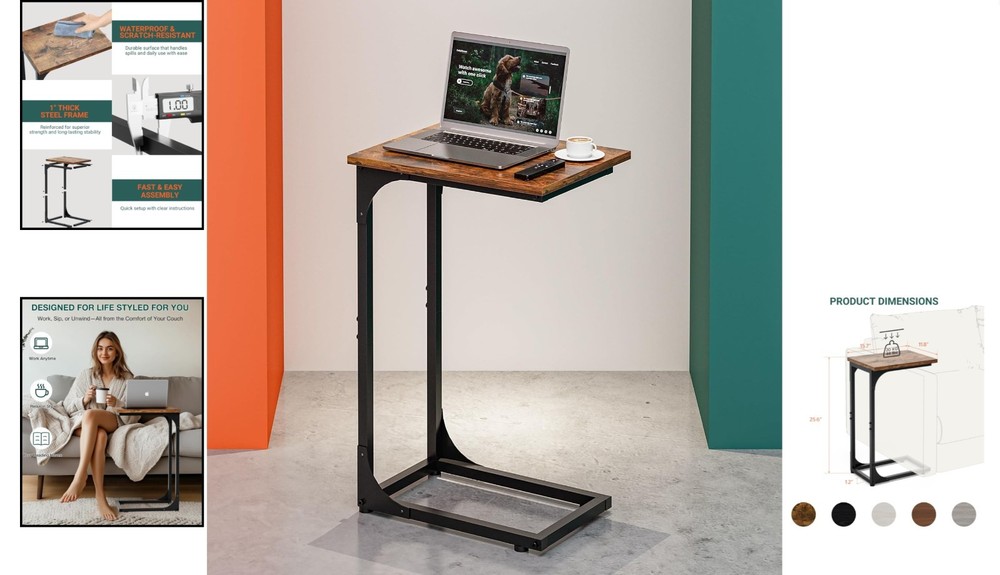 Compact C-Shaped Side Table with Waterproof Top - Rustic Brown & Metal Frame