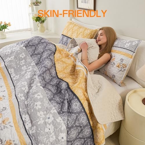 Floral Patchwork Quilt Set King Size 3 King(96"x90") Yellow Patchwork
