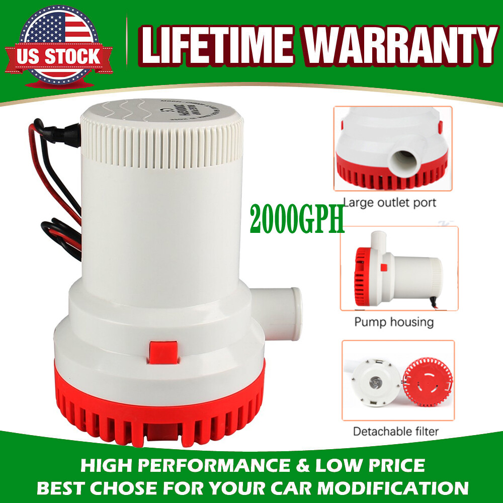 12V Marine Bilge Water Sump Pump Submersible 2000GPH Silent Fishing Marine Boat