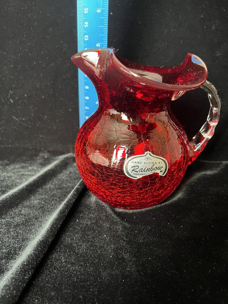 Hand Blown Rainbow Glass Ruby Red Crackle GlassPitcher w/Applied Clear Handle