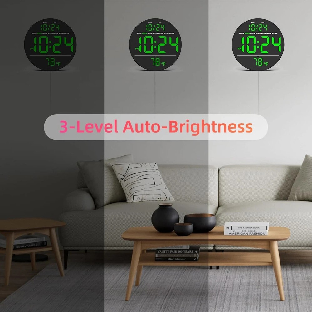 Digital Wall Clock with Large LED Display, Auto-Brightness, Temperature, Low-