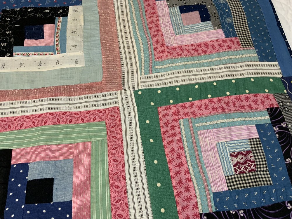 Vintage Patchwork Quilt Table Topper, Log Cabin, Early Calico Prints, Florals