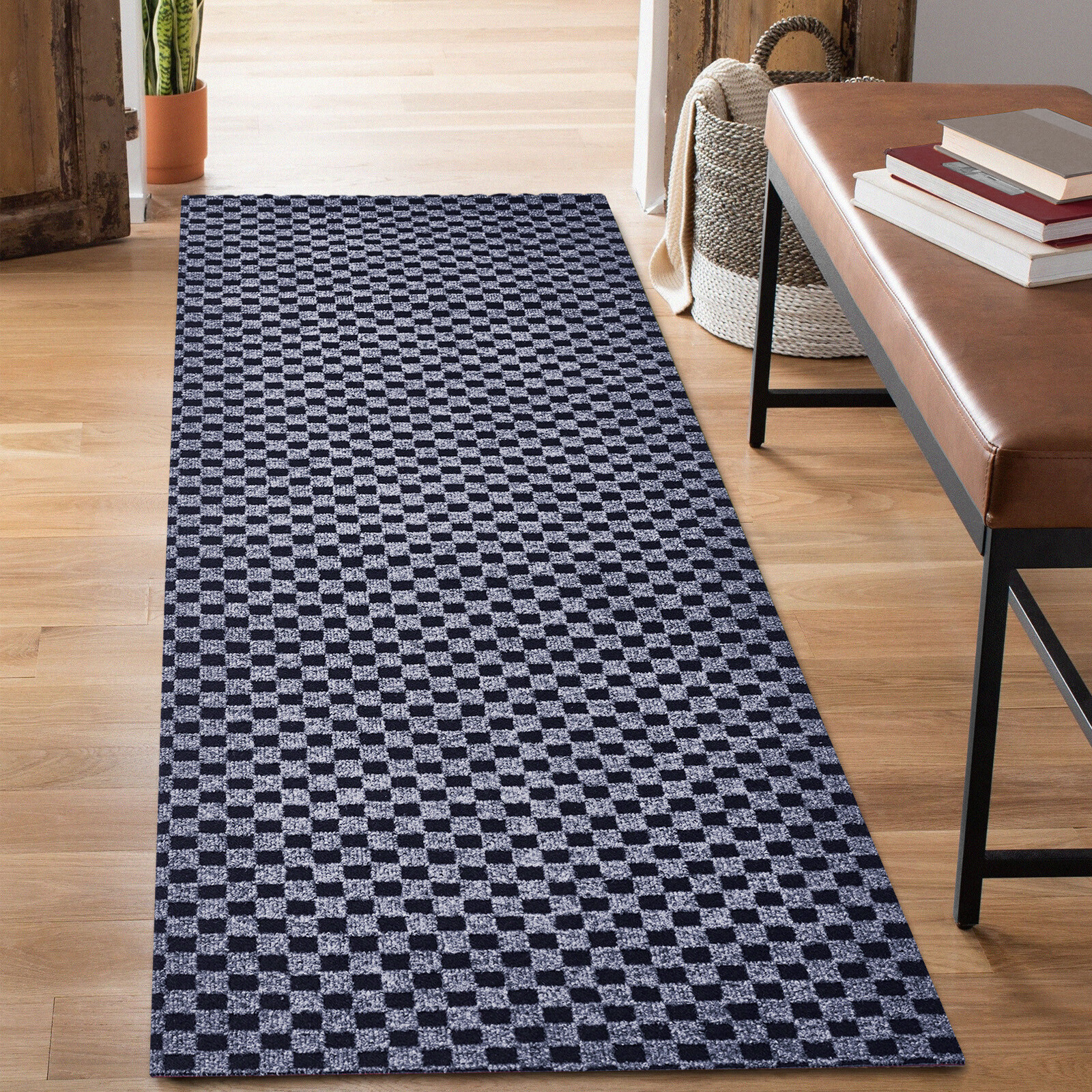 Runner Rug Hallway Non Slip Rubber Back Custom Size as Carpet Doormat Checkered