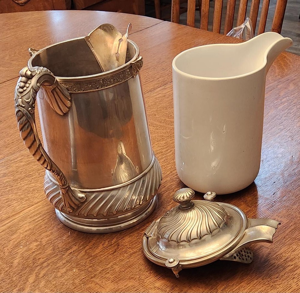 Antique 19th C Reed & Barton Silverplate Ice Water Pitcher, Porcelain Liner