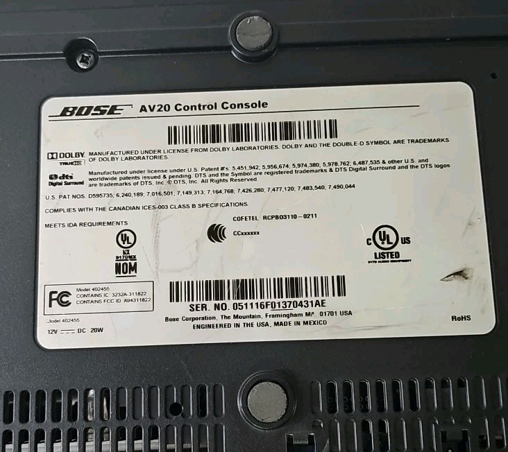 Bose AV20 Control Console No Power Supply,No Remote, UNTESTED, AS-IS.