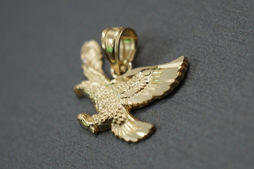 14K Solid Yellow Gold 0.5" Tiny Diamond Cut Eagle Charm Pendant.