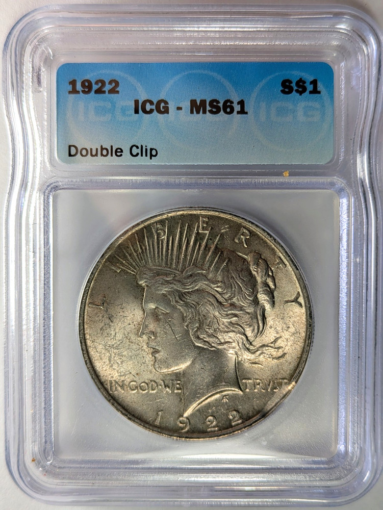 1922 Peace Silver Dollar ICG MS-61 Double Clip Planchet Mint Error Clipped