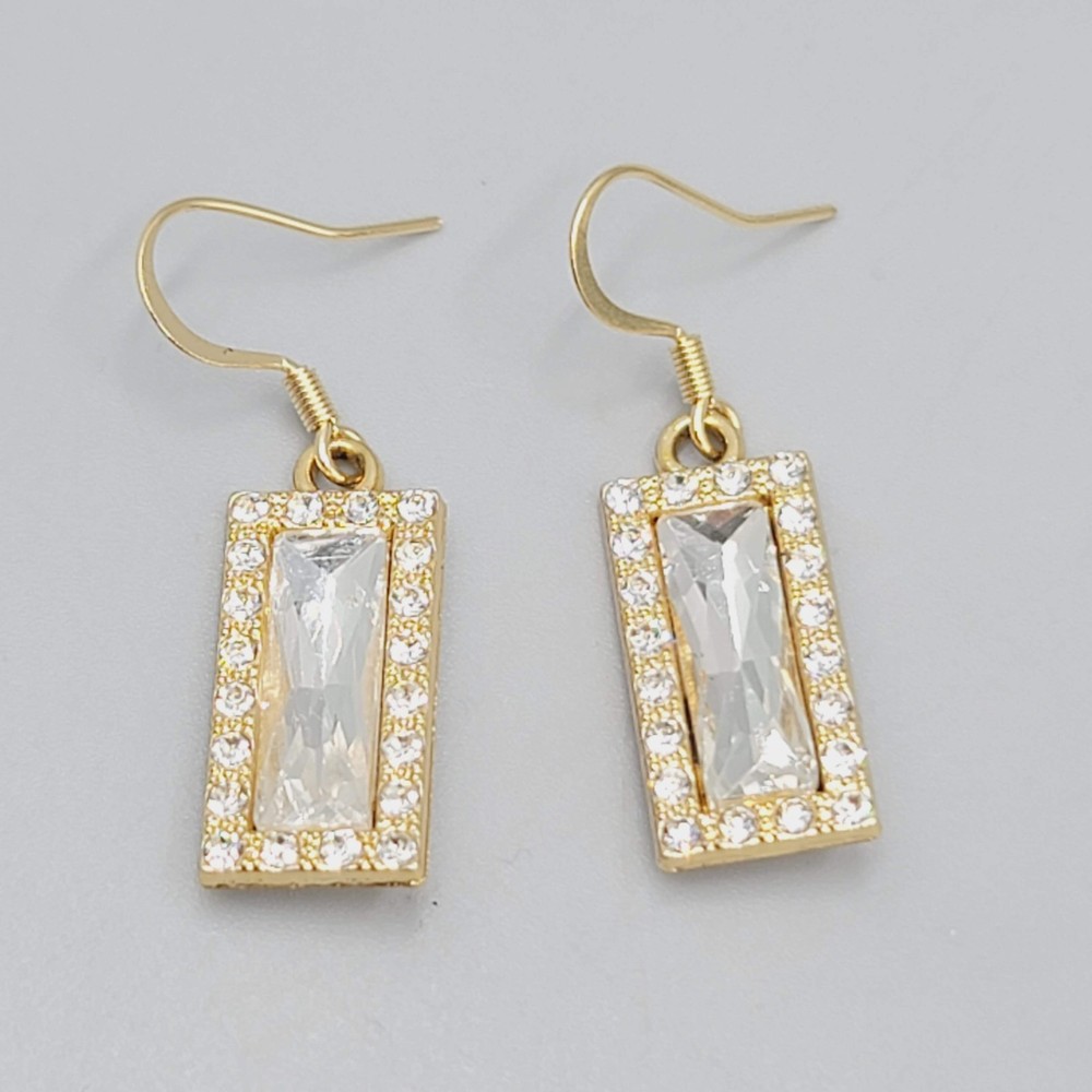 Clear Rhinestone Rectangle Pierced Earrings Gold tone Dangle 7/8"
