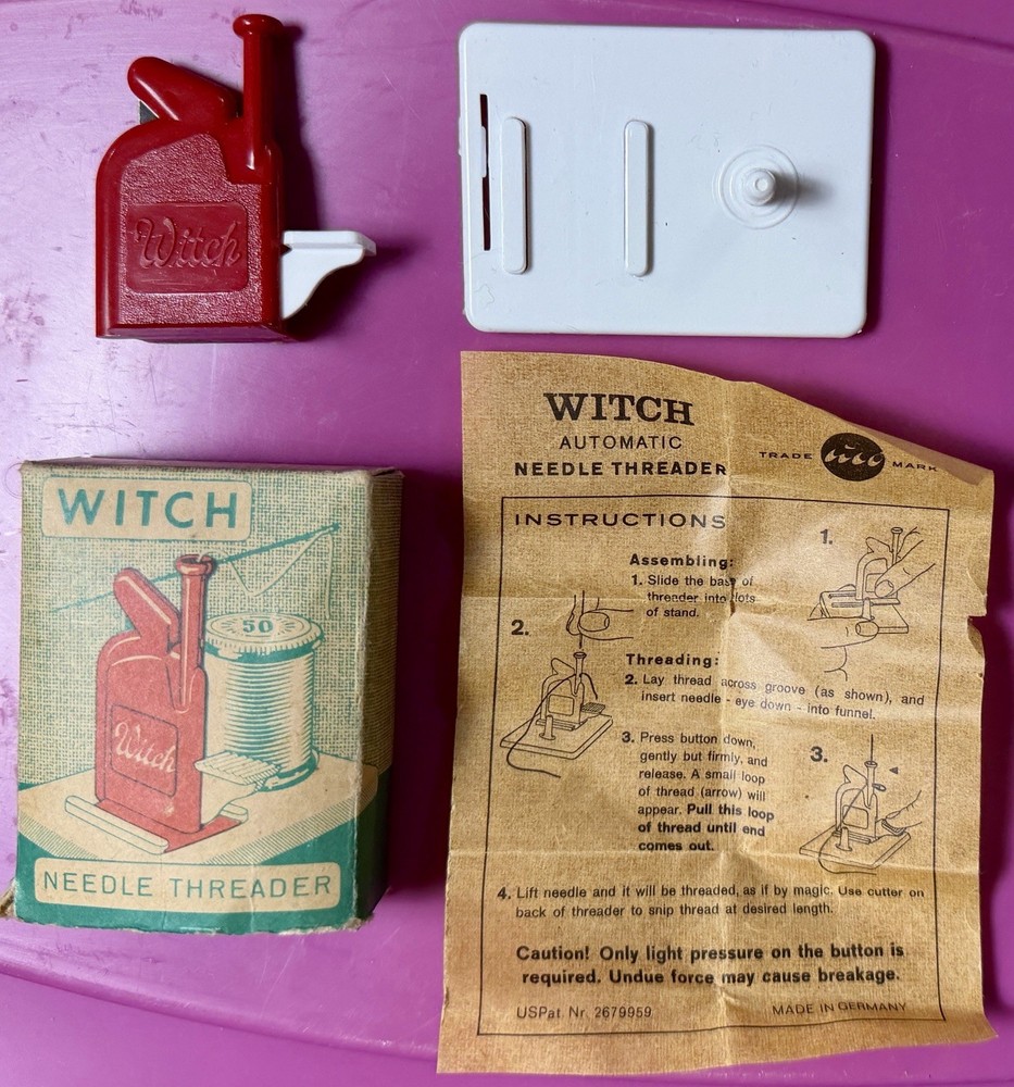 Witch Automatic Needle Threader: vintage sewing gadget w/ box & instructions