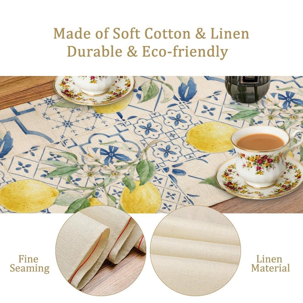Lemon Table Runner Watercolor Fruits Green Leaves Pattern Table Runner Table ...