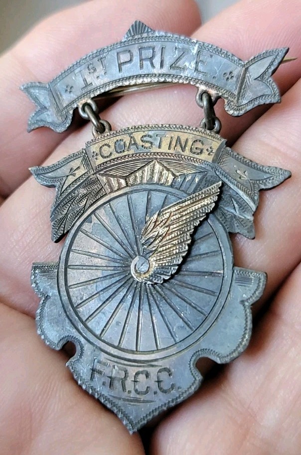 Antique Bicycle COASTING 1st Prize Award Medal Pin Sterling Silver 1800s RARE