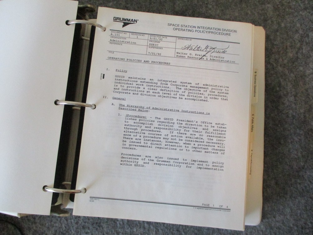 NASA GRUMMAN SPACE SHUTTLE SPACE STATION INTEGRATION DIVISION OPERATING POLICY