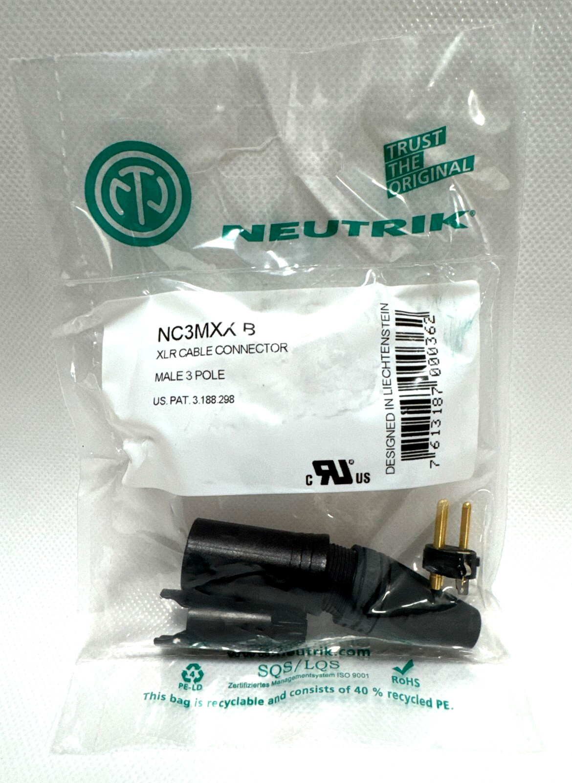 NEUTRIK NC3MXX-B 3-Pin XLR Male Cable Mount Connector Black 3 Pole Gold