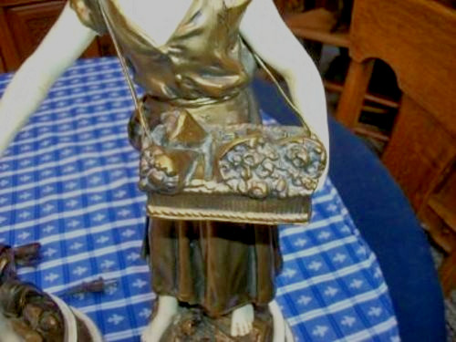 Vintage French Figural Lamps Moreau Fisherman Lady Flower Basket Bronzed Metal