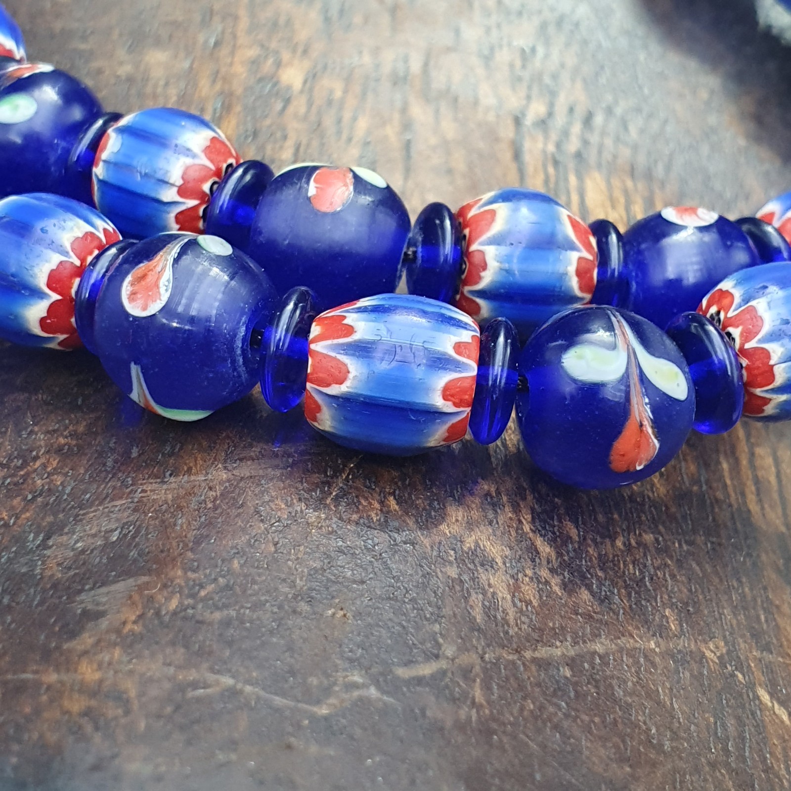 Vintage Venetian Cobalt Blue Floral & Striped Murano Style Beaded Necklace