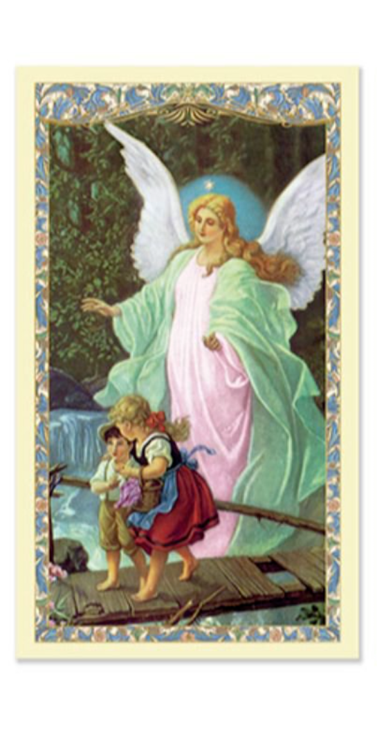 Laminated Guardian Angel Holy Prayer Card Catholic Children on Bridge with Angel