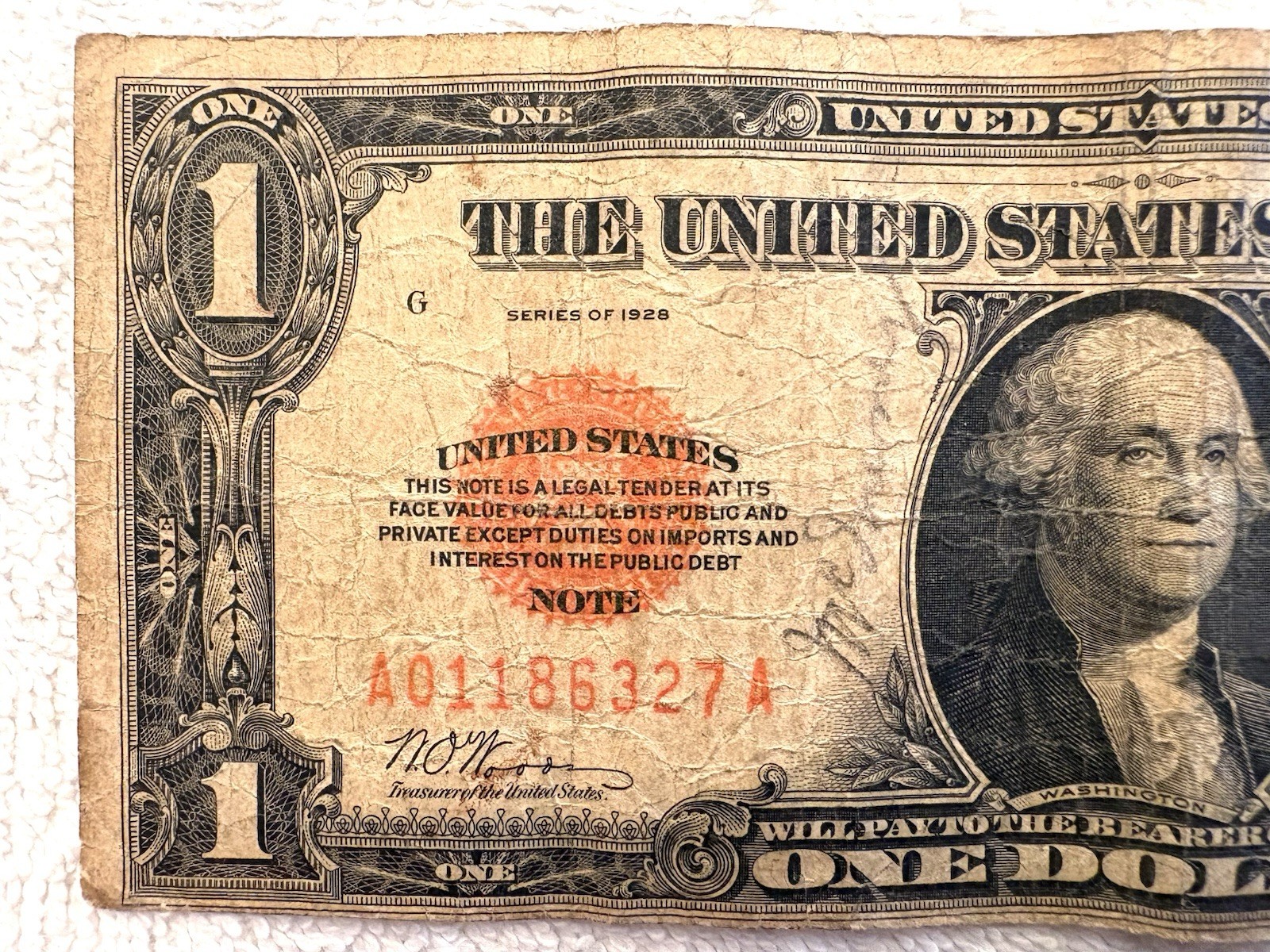 US 1928 $1 One Dollar Red Seal Note - Funnyback