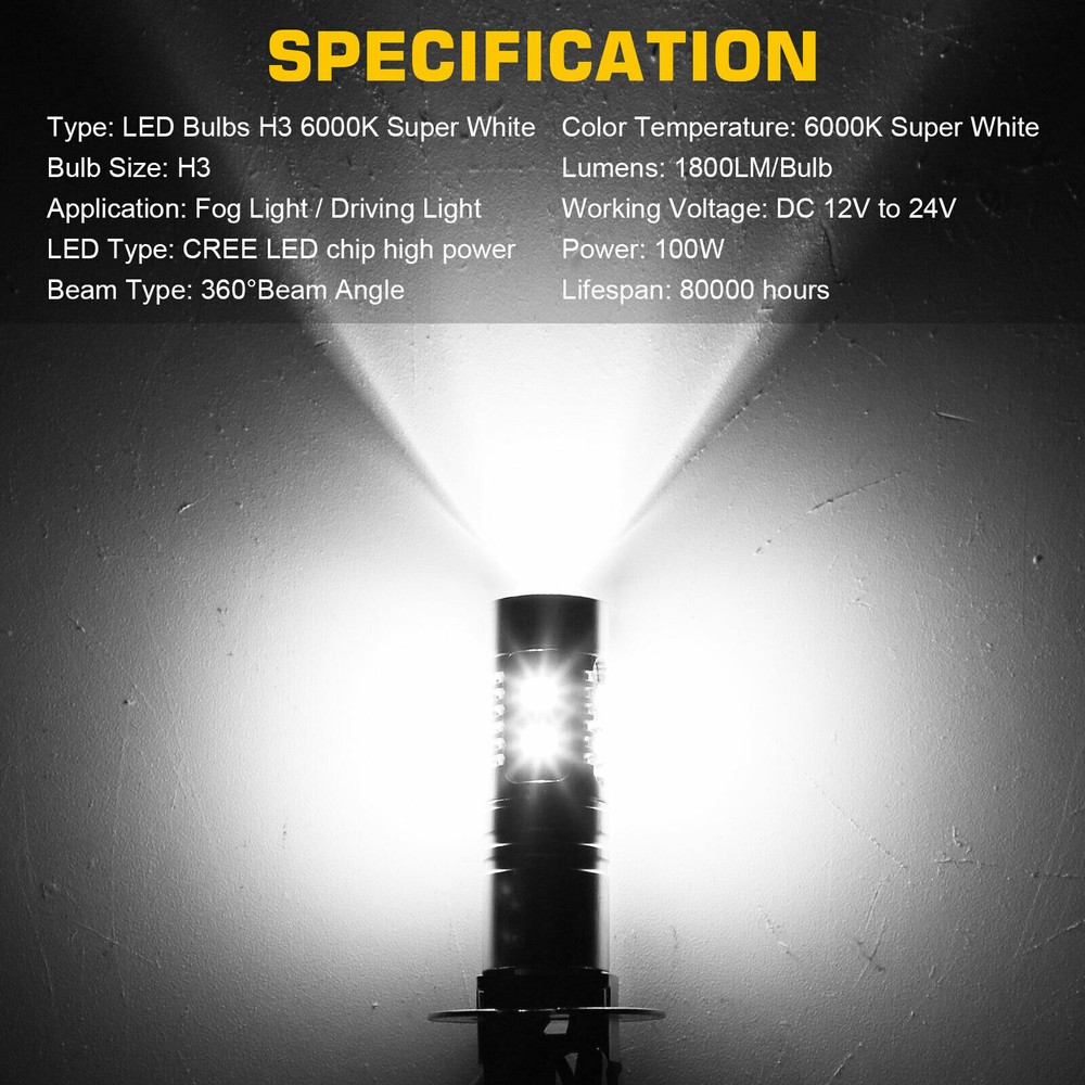 H3 LED Fog Light Bulb Conversion Kit Super Bright Canbus Super White High Power