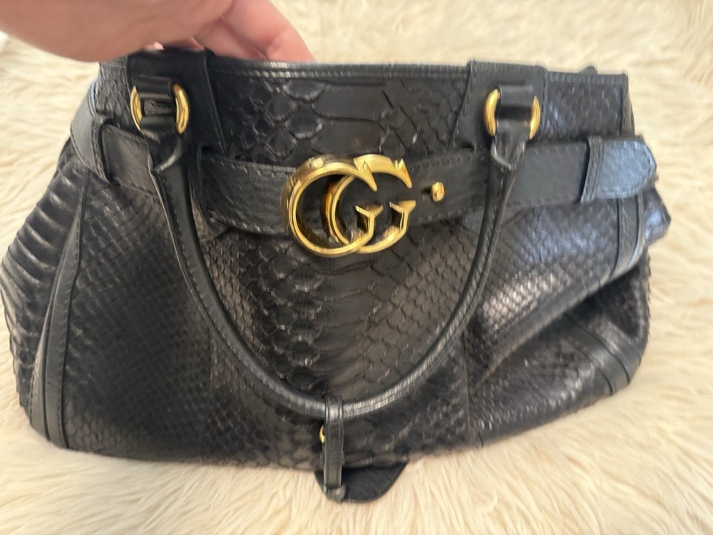 Gucci Black Snake Python GG  Top Handle Bag Gold Hardware Clochette