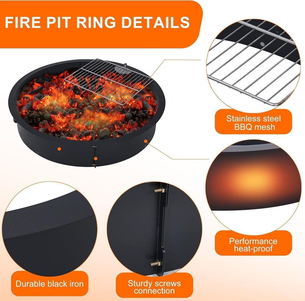 Fire Pit Ring Heavy Duty Metal Round Firepit Rim Insert for DIY Fire Pit Camping