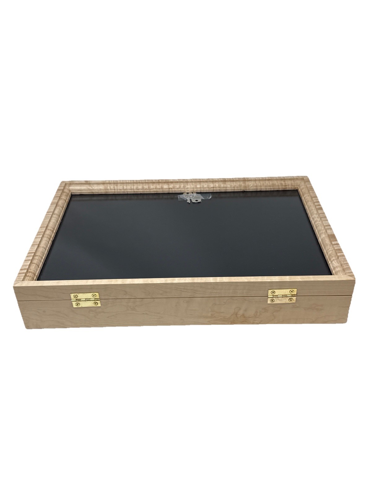 Curly Maple Wood Display Case 12 x 18 x 3” Black Liner for Arrowheads or Knives
