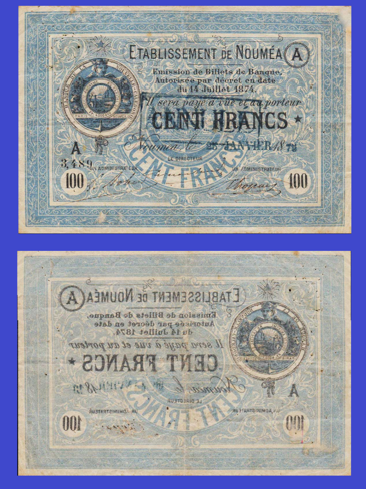 New caledonia 100 francs 1874 /- Copy