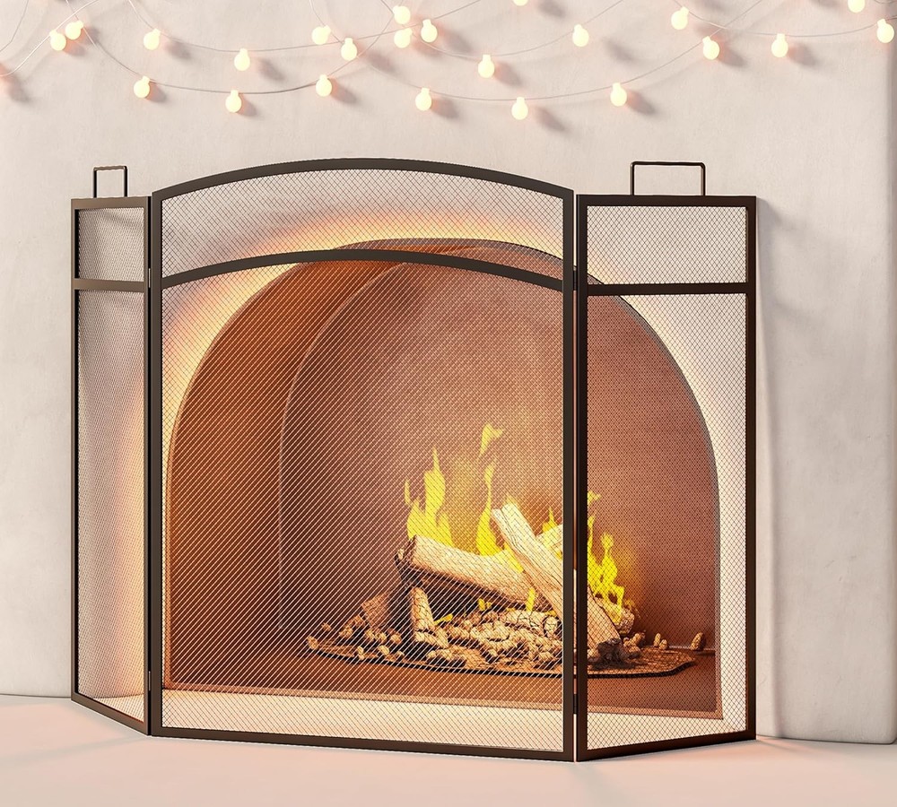 3 Panel Fireplace Screen 48" W x 29" H Modern Foldable W/ Wrought Metal