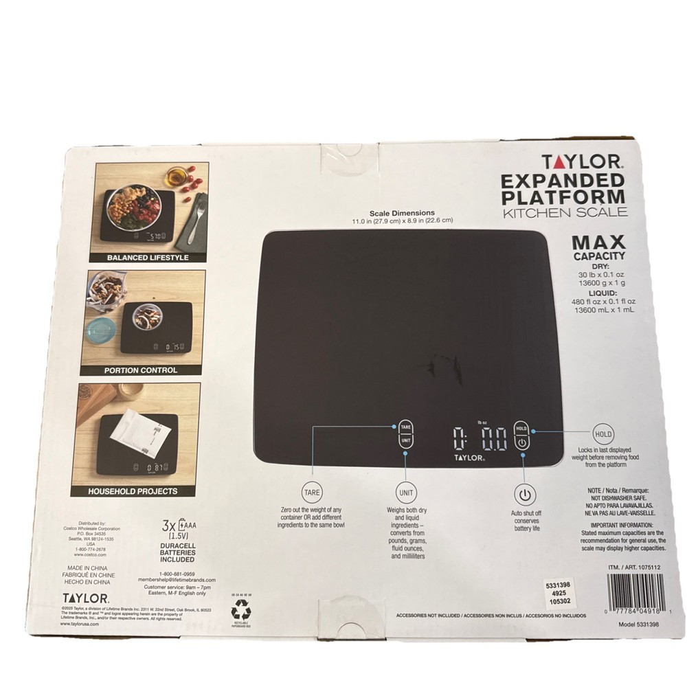 Taylor Waterproof Digital Kitchen Scale 30 lb Capacity Expanded Platform – New
