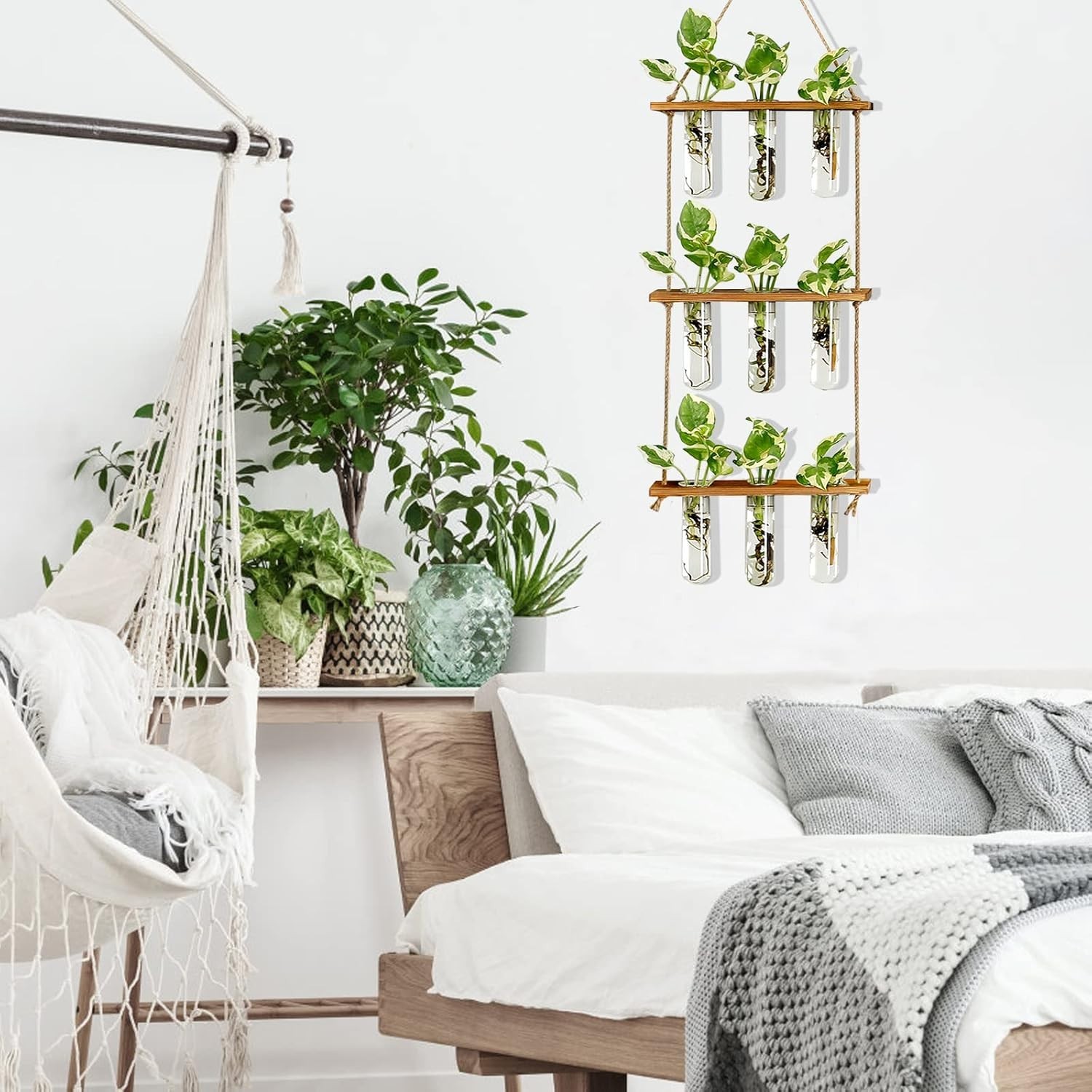 Wall Hanging Propagation Station with Wooden Stand Glass Tubes Tiered Plante...