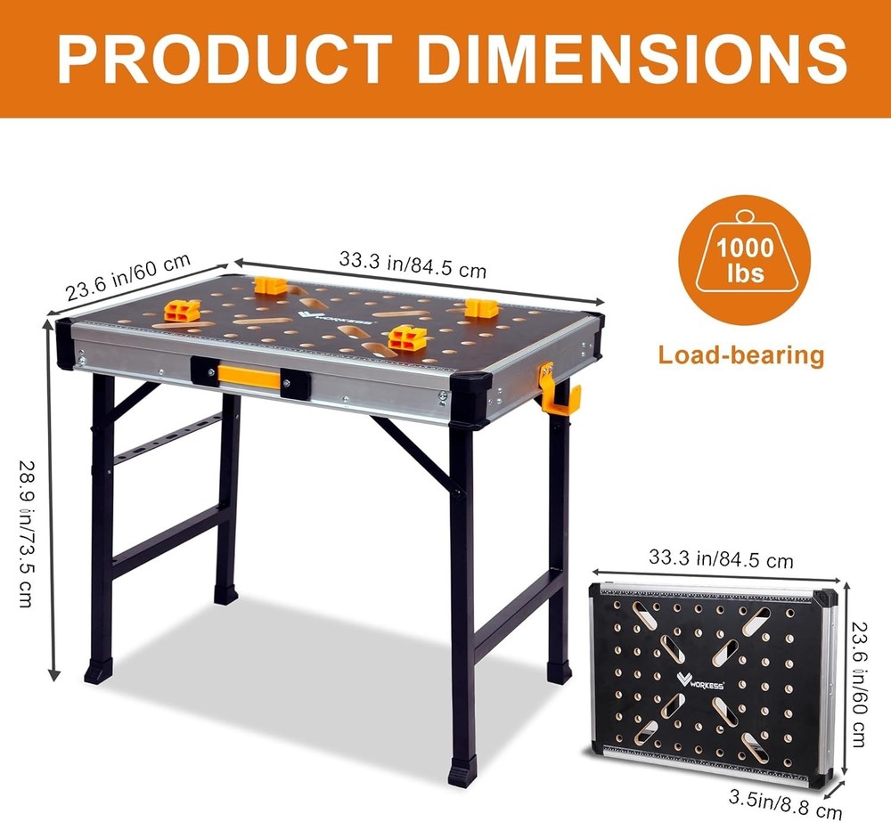 Compact Folding Work Table with 1000 lbs Capacity & 3 Tool Boxes for Garage Use