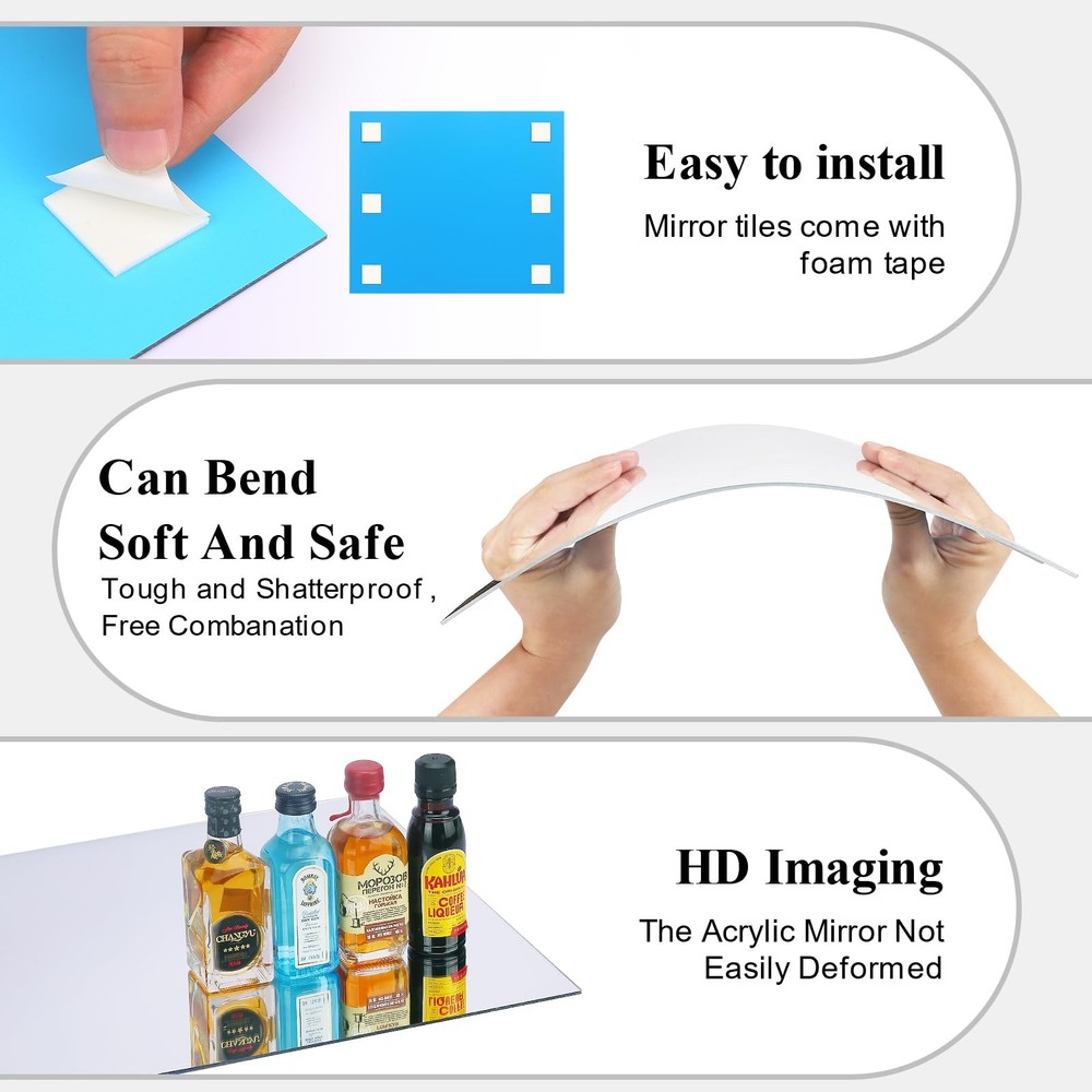 Acrylic Wall Mirror, 4 Pack, 12x12 Inch, Frameless, Modern, Rectangular, Shat...