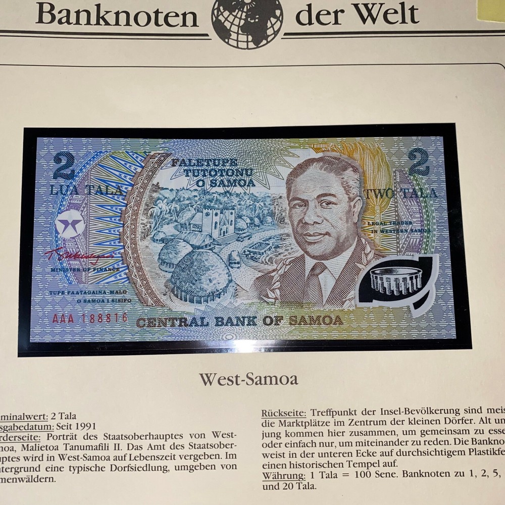 Western Somoa 2 Tala 1991 Note Crisp Uncirculated