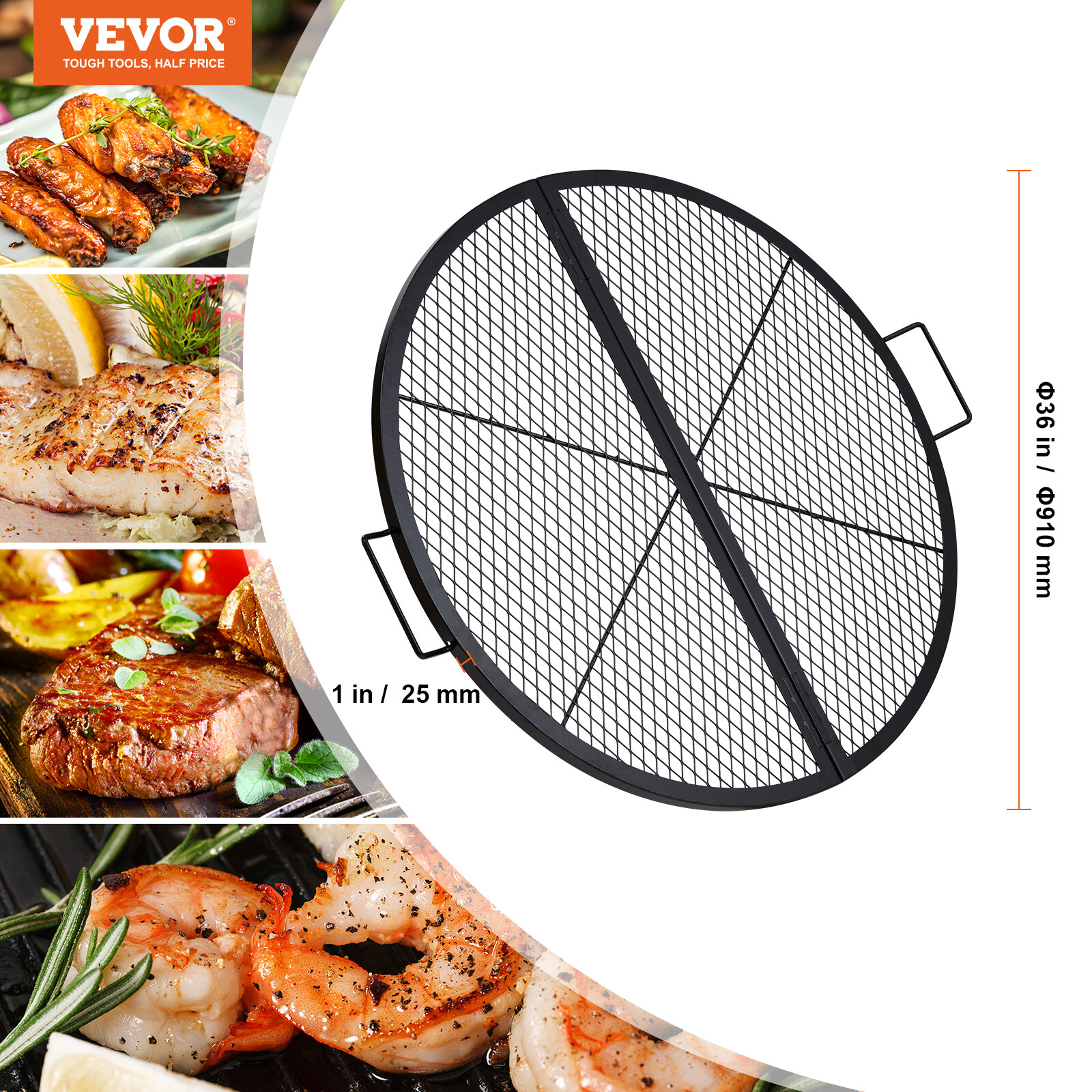 VEVOR 36" Foldable Round Cooking Fire Pit Grill Grate X-Marks Heavy-Duty Steel