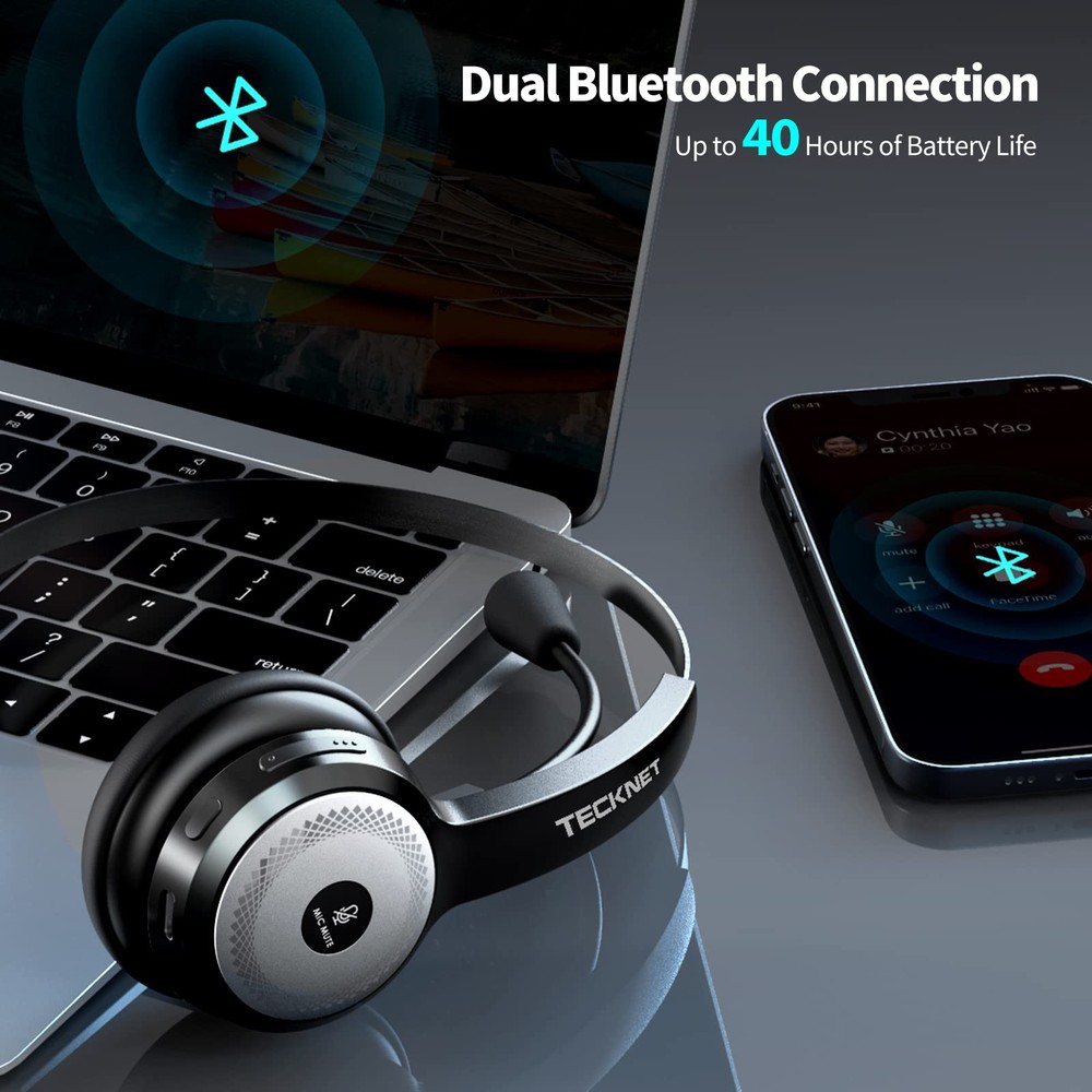 TECKNET Wireless Headset for Work, 40Hrs Worktime AI Noise Cancelling Computer H