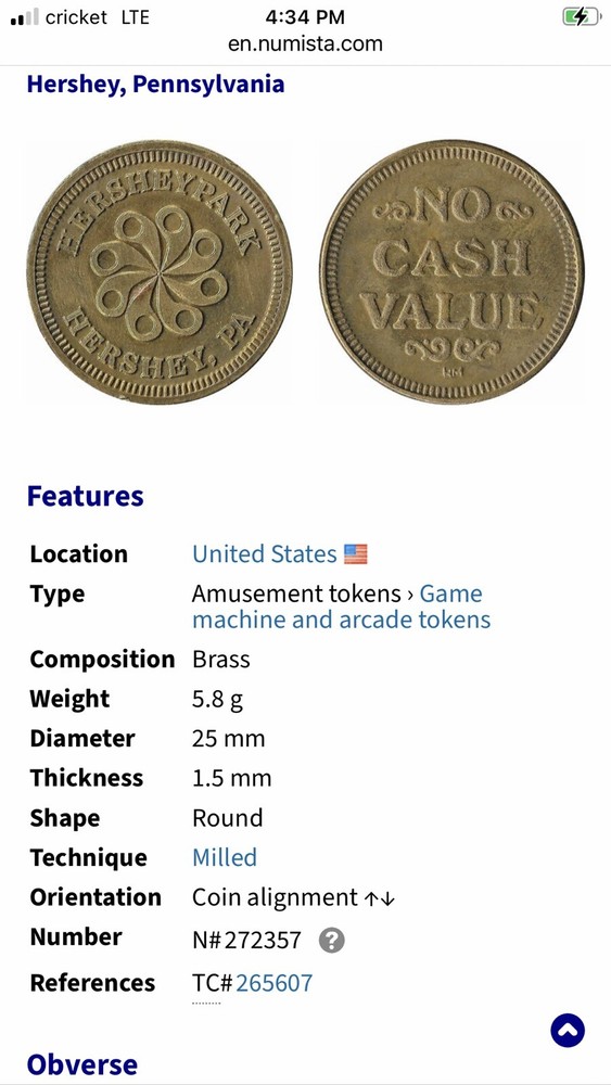 Hershey Park Hershey, PA Arcade Game Token 24mm
