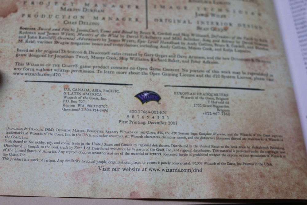 2003 first printing DUNGEONS & DRAGONS Complete Warrior player's guide Collins+