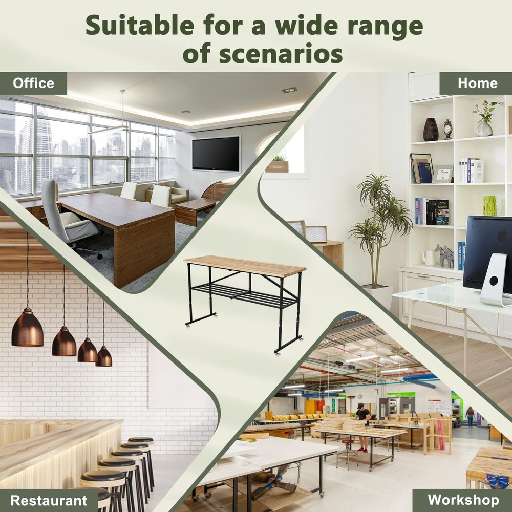 68.5" Foldable Hardwood Workbench Adjustable Solid Wood Top Workbench w/ Wheels