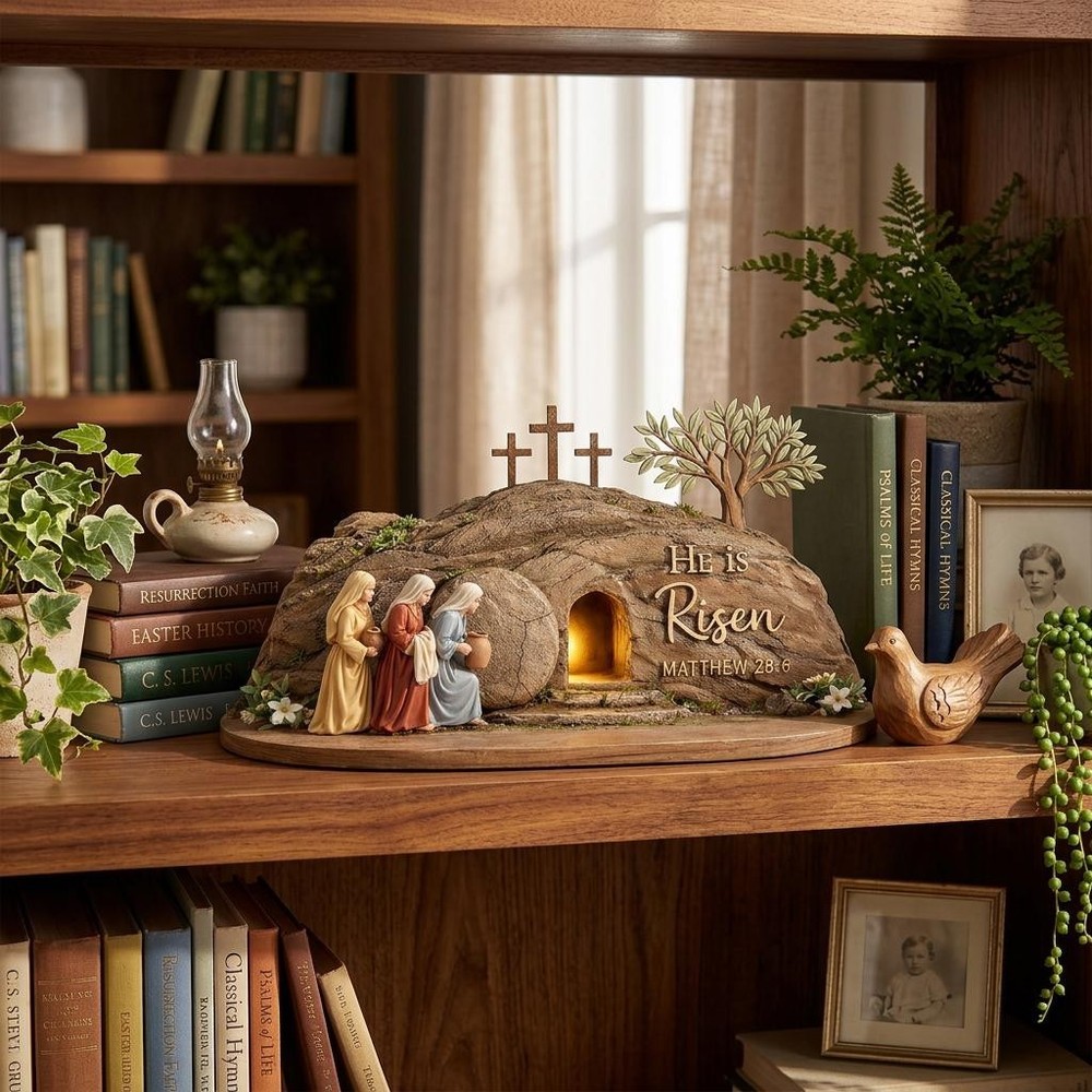He Is Risen 4-Layer Wooden Easter Display – Empty Tomb Cross Decor