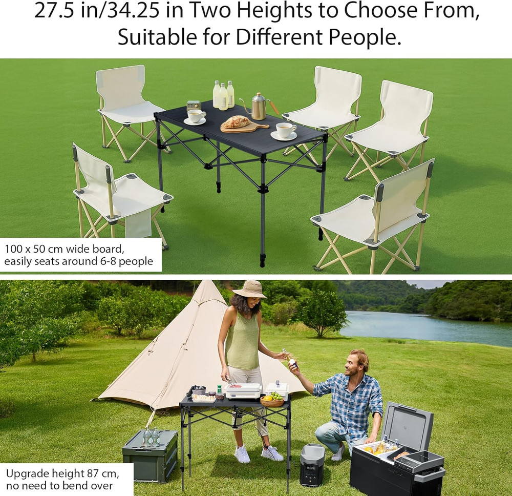 34.2” Tall Camping Table Foldable, 2 Adjustable Height Large Roll up Camping Tab