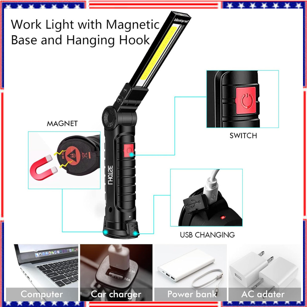 Rechargeable LED Work Light Magnetic Foldable Flashlight with Hook 5 Modes