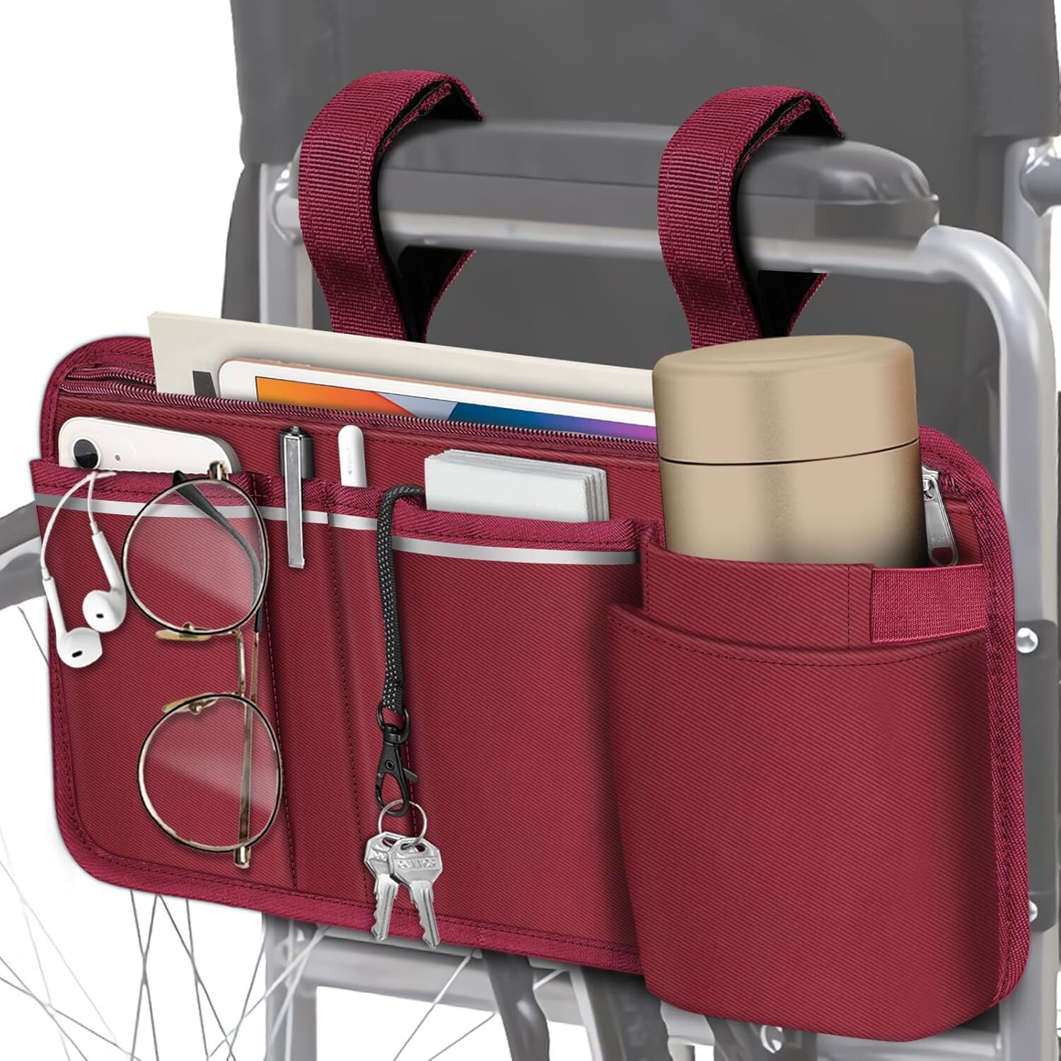 Wheelchair Side Storage Bag with Cup Holder for Power Wheelchairs, Walkers