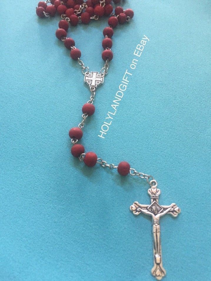 JERUSALEM Rose Smell Wood Catholic ROSARY Bead Necklace Cross Crucifix US SELLER