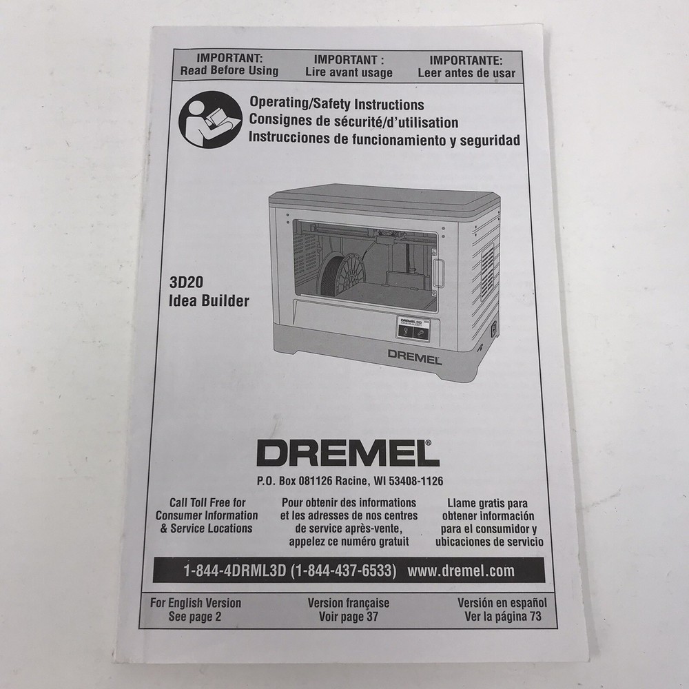 Dremel DigiLab 3D20 3D Printer Idea Builder Operating Safety Instructions Only