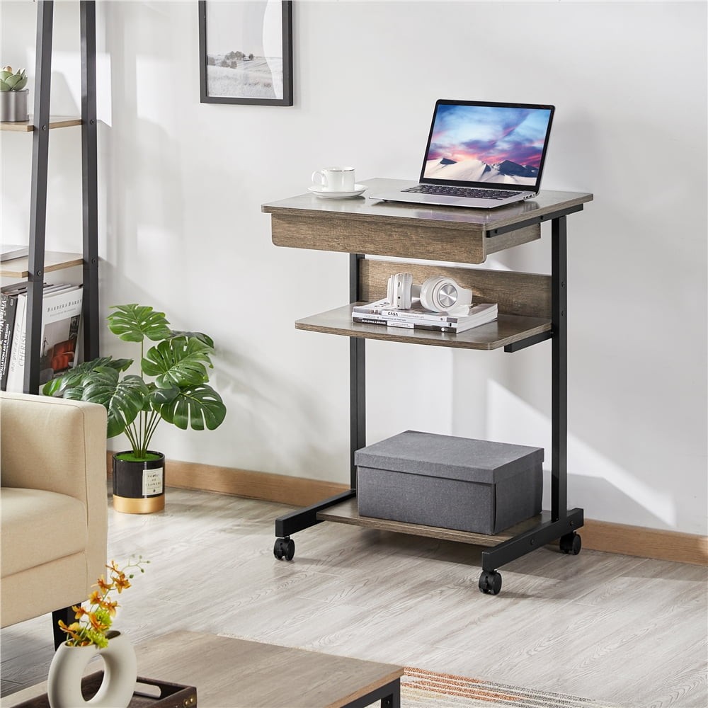 Rolling Computer Desk W/ 2 Storage Shelves & Drawer Compact Work Table Taupe